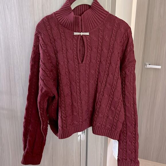 NWT preppy cable knit sweater silver clip by Commense burgundy XL - Picture 2 of 9